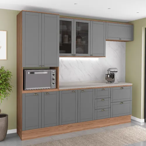 Armário de Cozinha Completa com Balcão Milla Lovely Carraro Nogal com Cinza Titânio