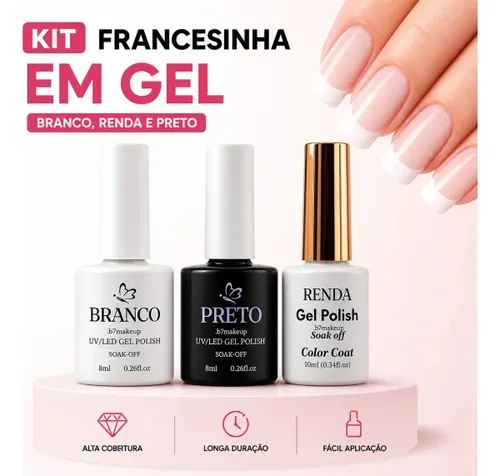 Kit Esmalte Francesinha em Gel D&z Dalin Led Uv Unhas Manicure Cor Branco Renda e Preto