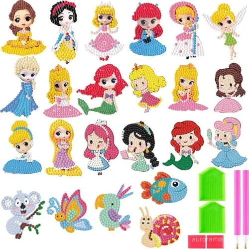 Kit Conjunto de 24 Adesivos para Pintura com Diamantes Pedrinhas para Crianças Princesas