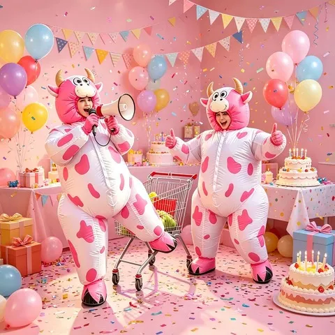 Divertido fato de vaca rosa insuflável, fato de animal unissexo para adultos, ideal para festivais, bailes de máscaras e jogos de interpretação de papéis. Pilhas não incluídas.