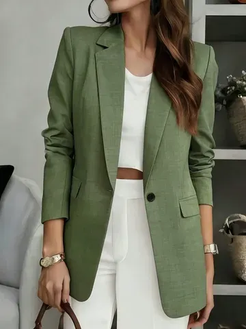 Blazer casual feminino, com lapela entalhada, um único botão, mangas compridas, corte solto, ideal para o escritório, para usar como peça de vestuário exterior.
