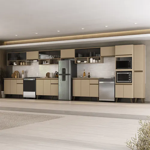 Armário de Cozinha Completa Atlanta Allen com Vidro Carraro Amêndoa