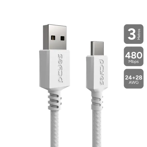 Cabo PCYES USB-A 2.0 para USB-C Nylon Branco 2 Metros CBPY03B