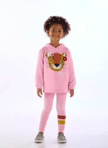 Conjunto Infantil Onça Florida com Blusão e Calça Rosa Claro Três e Já