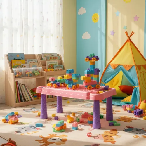 Mesa Interativa Infantil Brinq Kids Rosa com Blocos de Montar
