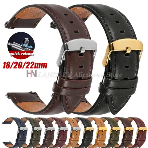 Pulseira de couro genuíno de liberação rápida 18mm 20mm 22mm para dw para omega preto marrom vermelho pino fivela acessório de relógio