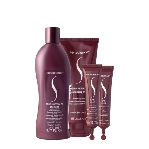 Kit Senscience True Hue Violet Shampoo 280ml Máscara 200ml e Tratamento C.P.R. 50ml
