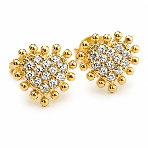 Brinco Coração 1,3 cm com 13 Bolinhas e 13 Zircônias em Ouro 18K