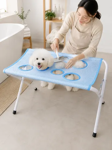 Mesa de Tosa Dobrável para Animais de Estimação, Suporte Ajustável para Escovação e Banho de Cães e Gatos, Plataforma Portátil Antiderrapante com Múltiplos Furos
