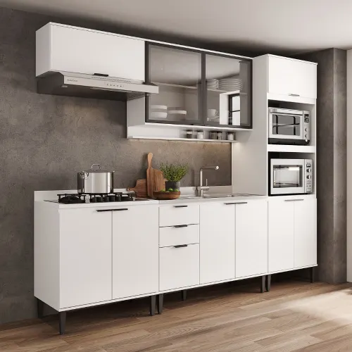 Armário de Cozinha Completa c Balcão Miami Studio Carraro Branco