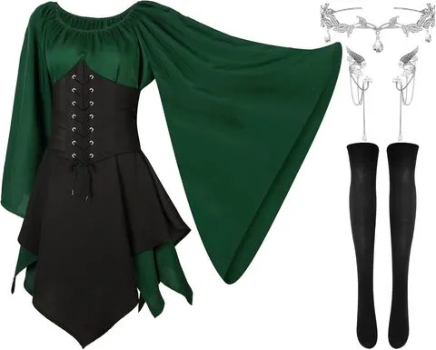 Haysandy 4 Peças Fantasia de Elfo Feminina Vestido Tradicional Irlandês da Renascença Orelhas de Fada para Cosplay de Halloween