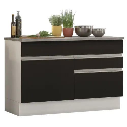 Balcão Madesa Glamy 120 cm 1 Porta e 2 Gavetas (Com Tampo) Branco/Preto