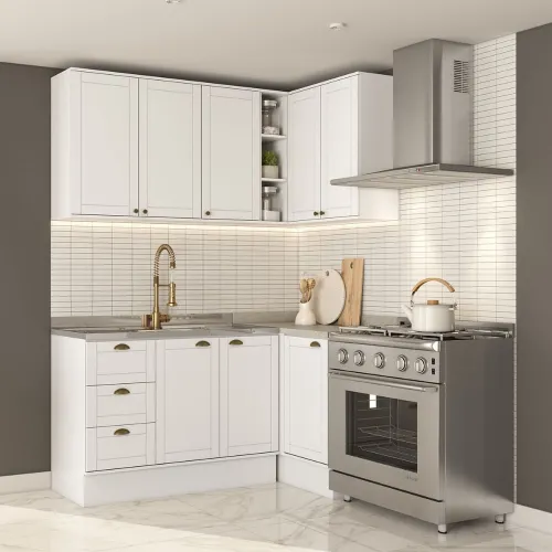 Armário de Cozinha Completa c Balcão Milla Whisper Carraro Branco