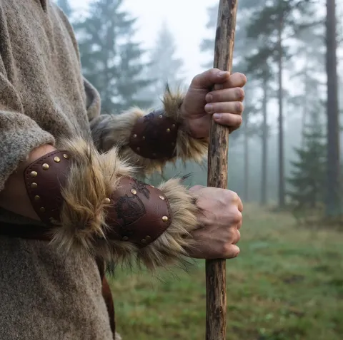 Braçadeiras de Braço em Couro com Pelo Sintético |   Acessórios para Trajes Medievais |   Mangas de braço para LARP nórdico