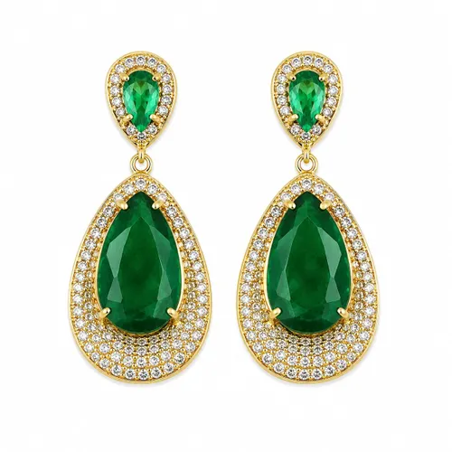 Brinco Esmeralda com Brilhantes 3,5 cm em Ouro 18K