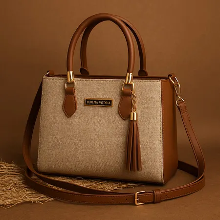 Bolsa Feminina Lorena Vitória Palha Chic Alça Dupla (Mão + Transversal)