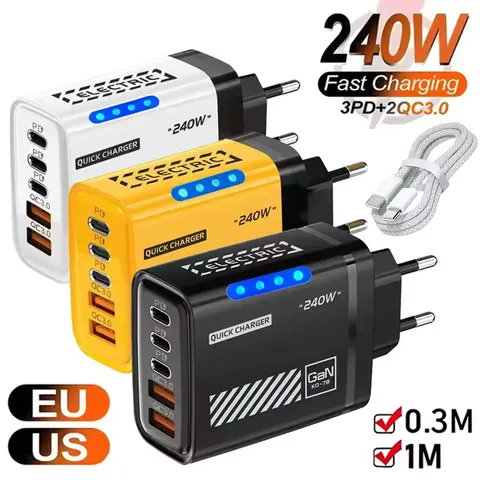 Carregador de Mesa GaN 5 em 1 para iPhone 17 16 Pro, Laptop Samsung, Adaptador de Carregamento Rápido 240W, Cabo USB-C para Tipo-C, Carregador 3PD 2USB