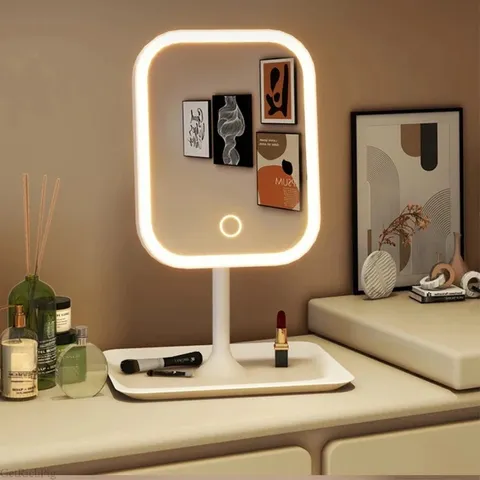 Espelho de Maquiagem de Designer Exclusivo com Três Cores de Luz LED, Espelho de Mesa com Controle por Toque, Espelho de Quarto