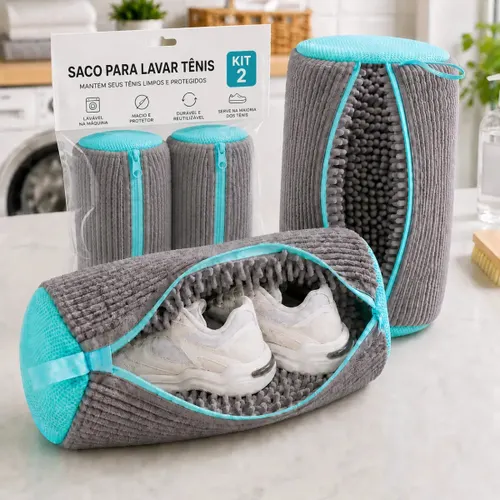 Kit 2 Sacos para Lavar Tênis e Sapatos em Máquina de Lavar – Saco Telado Anti-Impacto com Fechamento em Zíper