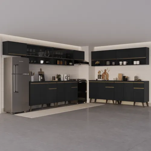 Armário de Cozinha Completa Atlanta Track com Vidro Carraro Preto Touch