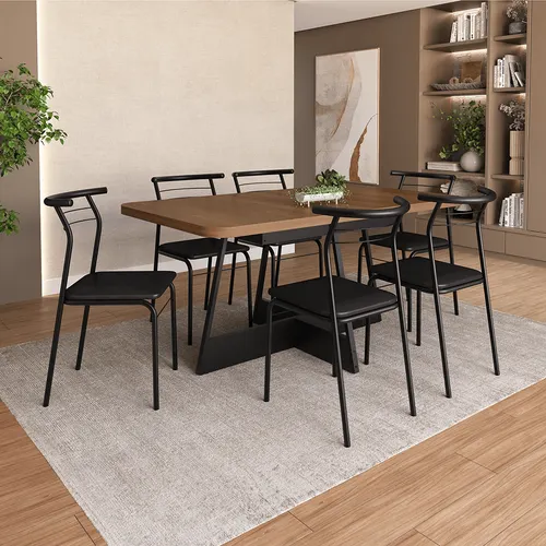 Conjunto Sala de Jantar 6 Cadeiras New Carraro Nogal Preto