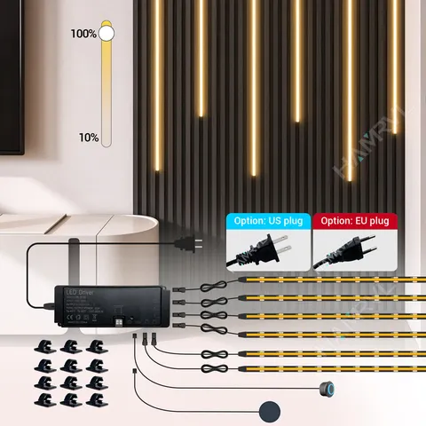 Fita de LED COB para PCB preta autoadesiva, painel de parede acústico de madeira decorativo, iluminação embutida, interruptor dimmer de toque duplo, luminária de armário