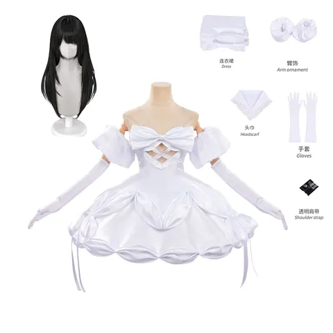 Fantasia de cosplay de zombie, tamanho asiático, para palco, peruca, vestido branco de alienígena, meias, laço, lenço para a cabeça, conjunto para festa de Halloween e jogos de interpretação de personagens.