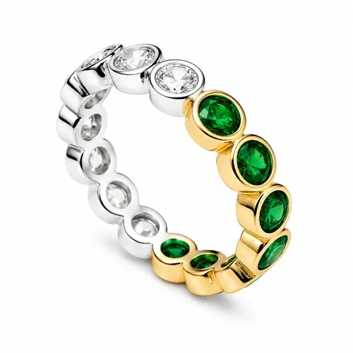 Anel Cravejado com Zircônias Esmeralda e Cristal 4 mm em Prata com Banho de Ouro