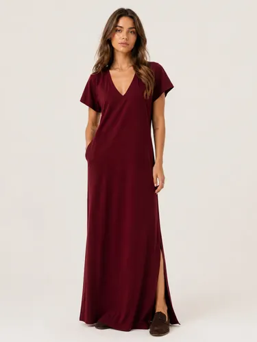 Vestido Longo de Algodão com Bolso Decote V Bordô