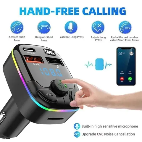 Carregador de carro bluetooth 5.0 transmissor fm handsfree pd tipo-c duplo usb leitor ambiente mp3 carregador tipo-c luz sem fio
