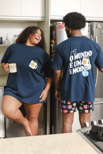 Camiseta Pijama Gola Careca Marinho Estampa Localizada Caneca Mania