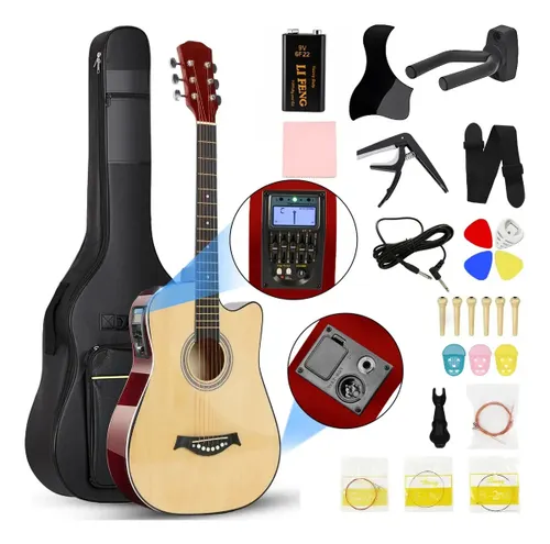 Violão Eletroacústico Noveve Elétrico 6 Cordas para Destros com Kit Iniciante, Afinador e Saída de Áudio Cor Natural