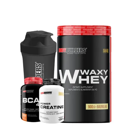 Kit Waxy Whey 900g + BCAA 4,5g 100g + Power Creatina 100g + Coqueteleira 600ml - Bodybuilders