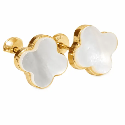 Brinco 5 mm Trevo Madre Pérola em Ouro 18K