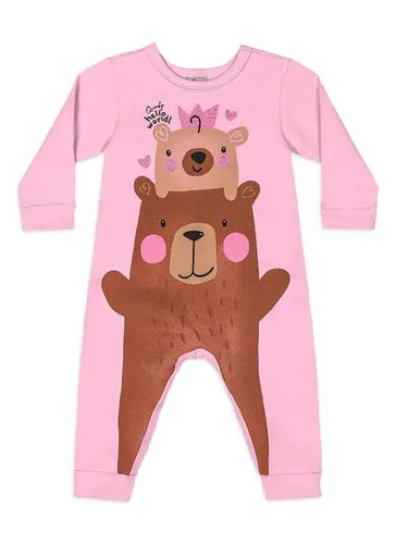 Macacão Bebê Menina em Molecotton com Estampa Urso Rosa