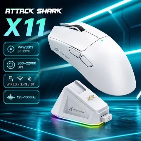 ATTACK SHARK X11 Mouse Gamer sem Fio, Tri-Mode, PAW3311, Até 1000 Hz, 59±3g