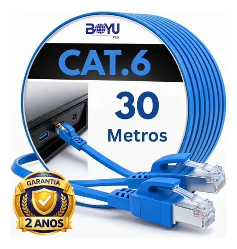 Cabo de Rede Internet 30m 30 Metros Cat6 Azul Crimpado Giga Lan Ethernet Boyu Cell