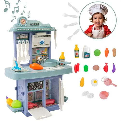 Kit ATENTU mini cozinha de brinquedo cor azul infantil completa solta água e som