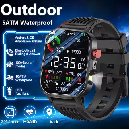 Novo Relógio Inteligente Masculino 2026 Lanterna LED Esportes ao Ar Livre SmartWatch de Pulso Monitoramento Saúde Chamad