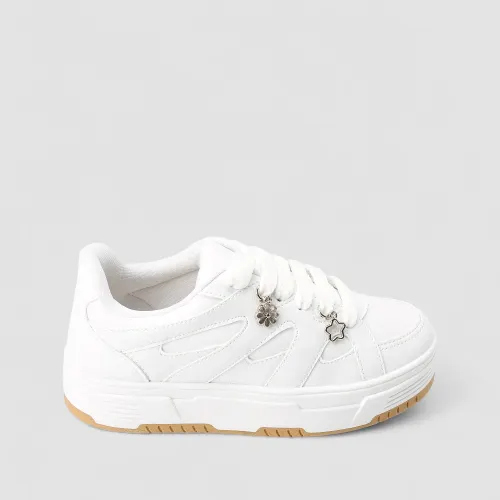 Tênis Casual Feminino Gabriela Enfeite Pingente Flor & Estrela Branco