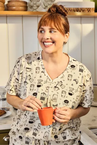 Kit Conjunto Pijama Feminina Estampa Café Expresso
