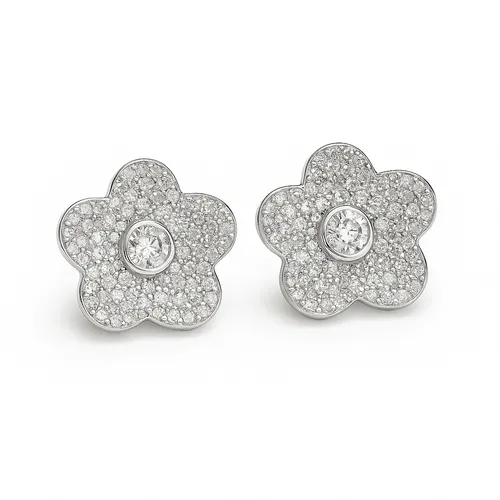 Brinco em Prata de Lei 1 cm Flor com Elos e Zircônias