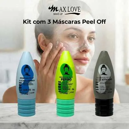 Kit com 3 Máscaras Peel Off - Ácido Hialurônico, Pepino, Carvão Ativado Max Love
