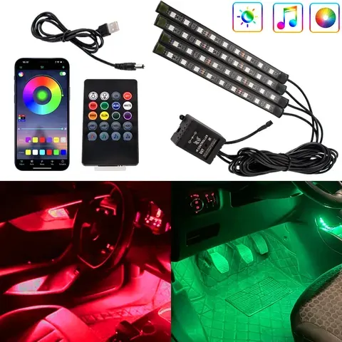 Luz de LED Neon para Interior de Carro, Iluminação Ambiente para os Pés, para Tesla, Controle Remoto por Aplicativo, Controle de Música, Acessórios Decorativos para Automóveis