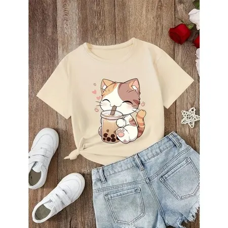 Camiseta Infantil Gatinho Milk Shake Algodão Básica Meninas do 2 ao 16 Juvenil