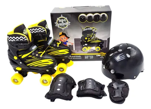 Patins Quad Infantil Completo Ajustável 4 Rodas Cores Cor Preto e Amarelo Tamanho dos Patins 30-33