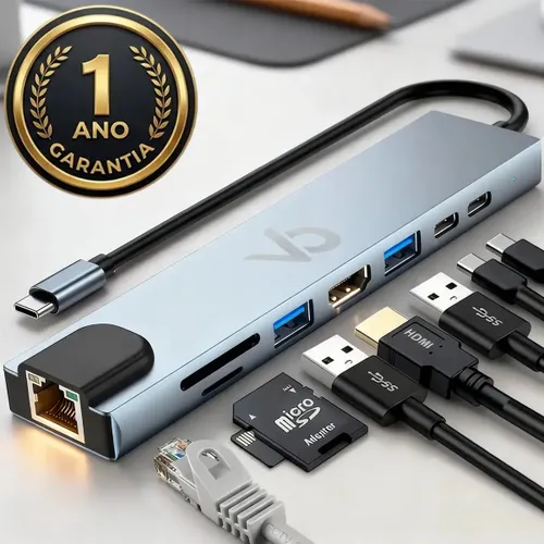 Adaptador Hub Usb com 8 Portas Rj45 Hdmi Usb 3.0 E 2.0 Tipo C Micro Sd Cartão Ethernet Cabo Thunderbolt Dock Station Dex Macbook Air M1 M2 iPad Type C Tablet Computador Pc Notebook Extensor Voxo