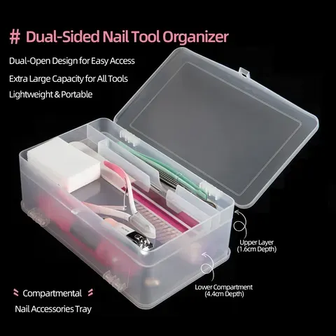 Caixa de Armazenamento PP de Super Capacidade com Abertura Dupla e 2 Níveis para Ferramentas de Unhas, Esmalte em Gel, Organizador Vazio para Arte de Unhas, Pincéis, Lixas e Contêiner de Manicure