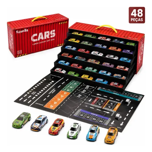 Kit 48 Mini Carrinhos Infantil Colecionador Educativos com Pista Container Vermelho Liga Metálica Kizumba