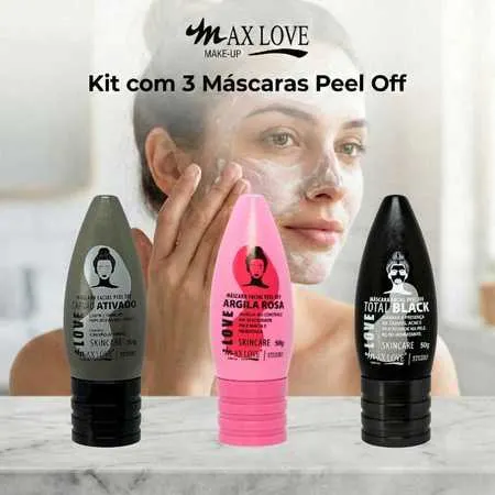 Kit com 3 Máscaras Peel Off - Carvão Ativado, Total Black, Argila Rosa Max Love